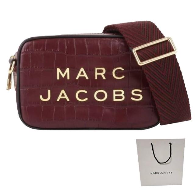 【MARC JACOBS 馬克賈伯】MARC JACOBS 金屬大LOGO鱷魚紋皮革拉鍊斜背相機包 酒紅色(38 婦女節送禮)