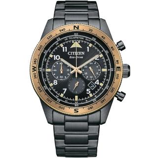 【CITIZEN 星辰 官方授權】光動能三眼計時手錶-43mm/黑金 禮物(CA4556-89E)