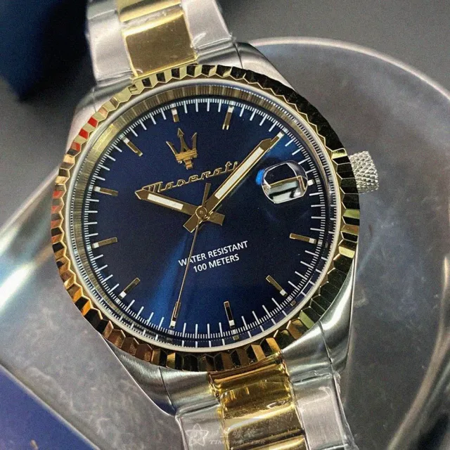 【MASERATI 瑪莎拉蒂】雙11MASERATI手錶型號R8853100027(寶藍色錶面金銀相間錶殼金銀相間精鋼錶帶款)