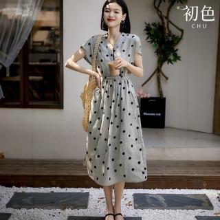 【初色】亞麻風透氣圓點刺繡收腰短袖V領A字連身中長裙洋裝-灰色-69757(M-XL可選)