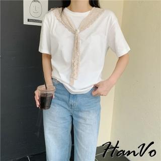 【HanVo】現貨 素色短袖蕾絲披肩(舒適透氣百搭休閒短袖上衣 韓版簡約日常T 女生衣著 A01-0089)