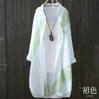 【初色】中長款印花空調衫長袖雪紡襯衫上衣-共3色-69837(M-2XL可選)