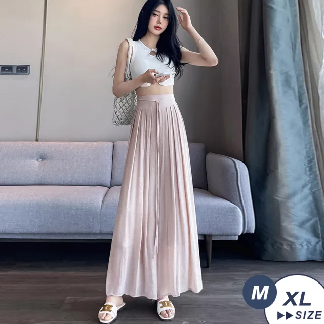 【LANNI 藍尼】★夏季繫帶百褶飄飄褲(直筒褲/休閒褲/寬鬆)