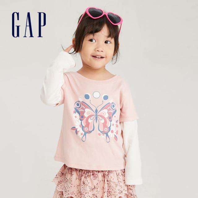 【GAP】女幼童裝 純棉印花假兩件長袖T恤-粉紅色(785776)