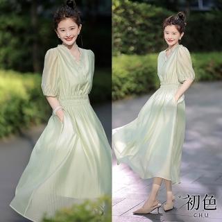 【初色】法式天絲收腰顯瘦泡泡袖短袖V領連衣裙中長裙洋裝-共2色-69771(M-2XL可選)