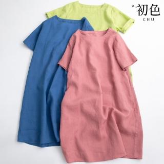 【初色】涼爽透氣棉麻風短袖圓領純色寬鬆中大碼連身裙洋裝-共4色-69774(M-2XL可選)