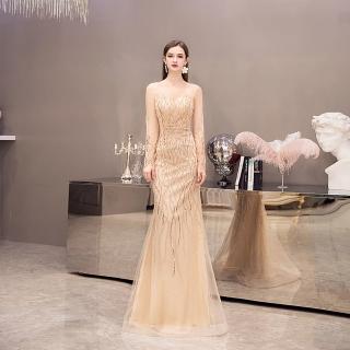 【女神婚紗禮服】高階時尚U領露腰墜地宴會晚禮服 PLGZ-100 露腰金色(主持人 表演禮服)