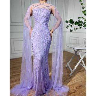 【女神婚紗禮服】高階氣質名媛飄袖宴會晚禮服 LA71905 薄紗淡紫色(主持人 表演禮服)
