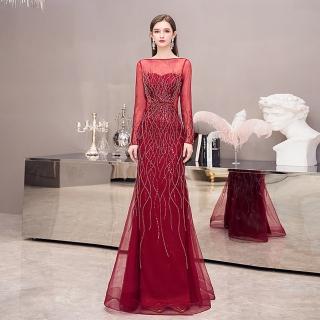 【女神婚紗禮服】高階時尚U領露腰墜地宴會晚禮服 PLGZ-100 露腰紅色(主持人 表演禮服)
