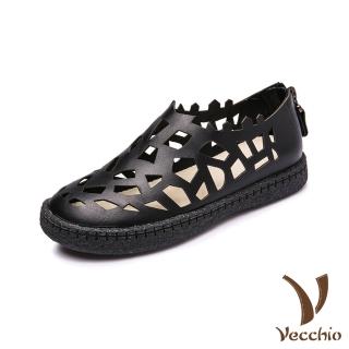 【Vecchio】真皮休閒鞋 平底休閒鞋/真皮頭層牛皮不規則幾何縷空舒適平底休閒鞋(黑)