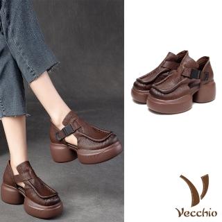 【Vecchio】真皮休閒鞋 厚底休閒鞋/全真皮頭層牛皮舒適寬楦立體方頭釦帶縷空鬆糕厚底休閒鞋(棕)
