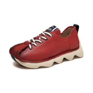 【Vecchio】真皮運動鞋 牛皮運動鞋/全真皮頭層牛皮復古圓頭手工縫線個性運動鞋(紅)