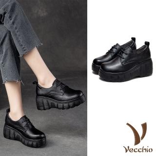 【Vecchio】真皮休閒鞋 厚底休閒鞋/全真皮頭層牛皮復古擦色繫帶鬆糕厚底休閒鞋(黑)