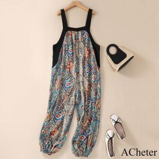 【ACheter】寬鬆背帶褲薄款顯瘦復古變形蟲彩花紋設計感休閒燈籠吊帶長褲#118508(花紋)