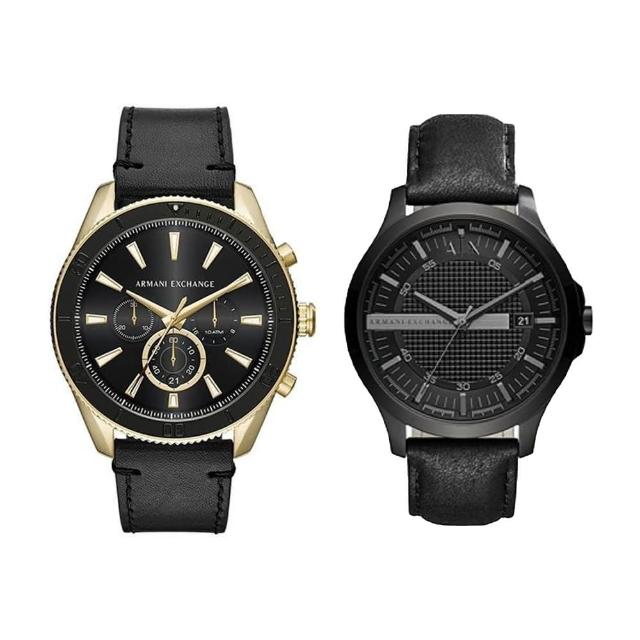 【A|X Armani Exchange】AX Armani Exchange AX 金框 三眼 黑色皮革錶帶 智能計時 AX1818 男錶