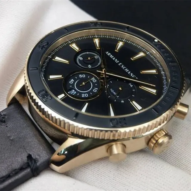 【A|X Armani Exchange】AX Armani Exchange AX 金框 三眼 黑色皮革錶帶 智能計時 AX1818 男錶