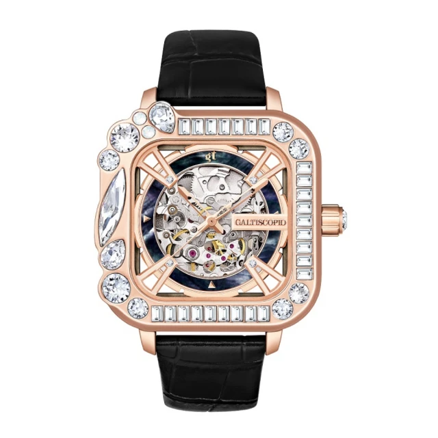【Galtiscopio 迦堤】MISS X方鑽機械腕錶系列-玫瑰金框/黑色錶帶(DLMXRGBS001BLS)