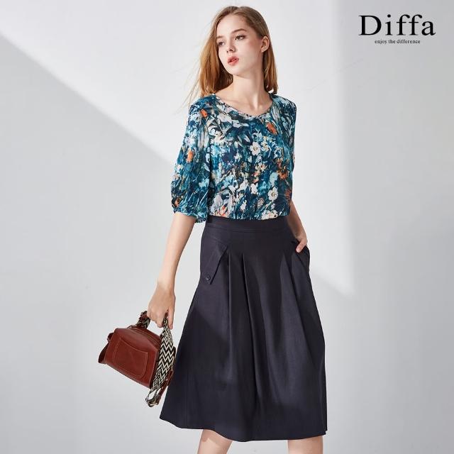 【Diffa】造型翻袋打褶寬襬中長裙-女