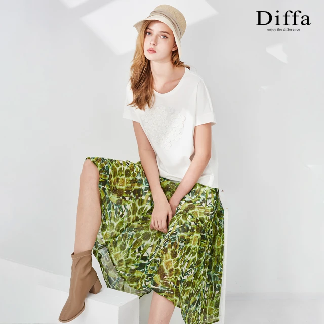 Diffa 浪漫綠葉抽皺寬襬長裙-女