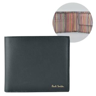 【Paul Smith】PAUL SMITH燙金LOGO小牛皮/小羊皮4卡零錢短夾(墨綠x內彩色條紋)