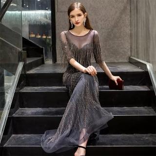 【女神婚紗禮服】高階時尚薄紗圓領魚尾宴會晚禮服 PLGZ-085 礦灰色(婚宴服 頒獎禮服)