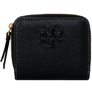 【TORY BURCH】THEA 浮雕LOGO外縫線荔枝紋皮革釦式短夾(經典黑)