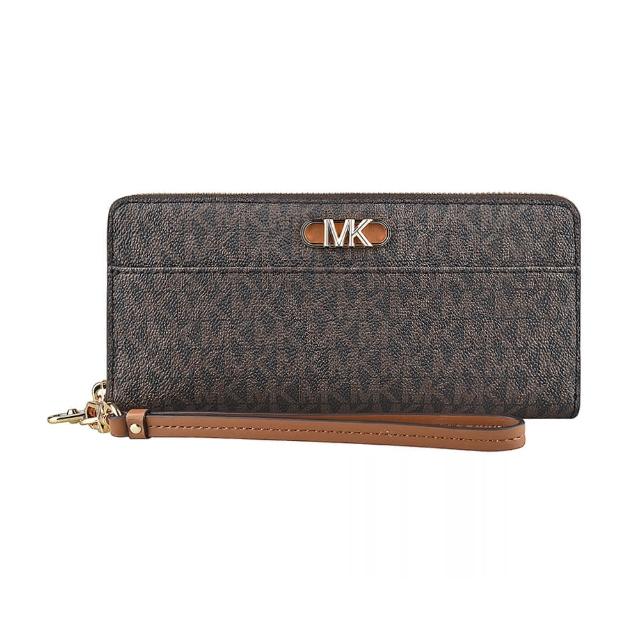 【Michael Kors】MK MICHAEL KORS PARKER金屬LOGO印花PVC 16卡拉鍊手拿長夾(橡子棕x深褐)