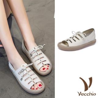 【Vecchio】真皮休閒鞋 交叉休閒鞋/真皮頭層牛皮復古交叉繫帶百搭透氣休閒鞋(米)