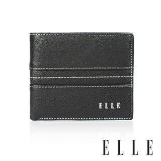 【ELLE HOMME】ELLE 直線車紋3卡側翻3窗格 皮夾/男夾/短夾(黑色)