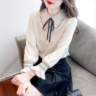 【baibeauty 白鳥麗子】日系拚色綁結荷葉邊翻領排釦長袖上衣(襯衫)