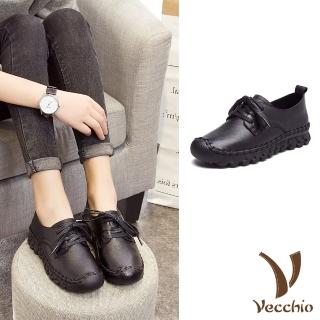 【Vecchio】真皮休閒鞋 厚底休閒鞋/全真皮頭層牛皮手工縫線復古厚底休閒鞋(黑)