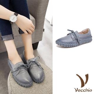 【Vecchio】真皮休閒鞋 繫帶休閒鞋/全真皮頭層牛皮手工縫線舒適軟底繫帶休閒鞋(灰)