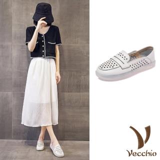 【Vecchio】真皮樂福鞋 兩穿樂福鞋/全真皮頭層牛皮兩穿法設計十字縷空百搭休閒樂福鞋(米)