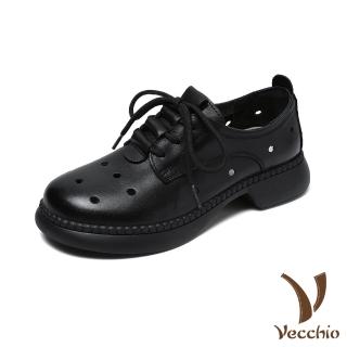 【Vecchio】真皮休閒鞋 牛皮休閒鞋/全真皮頭層牛皮寬楦舒適縷空沖孔復古繫帶休閒鞋(黑)