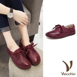 【Vecchio】真皮休閒鞋 繫帶休閒鞋/全真皮頭層牛皮手工縫線舒適軟底繫帶休閒鞋(酒紅)