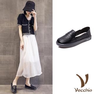 【Vecchio】真皮樂福鞋 兩穿樂福鞋/全真皮頭層牛皮兩穿法設計十字縷空百搭休閒樂福鞋(黑)