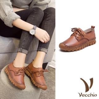 【Vecchio】真皮休閒鞋 厚底休閒鞋/全真皮頭層牛皮手工縫線復古厚底休閒鞋(棕)