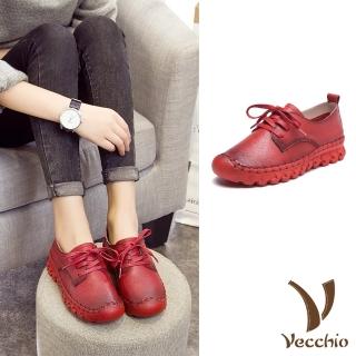 【Vecchio】真皮休閒鞋 厚底休閒鞋/全真皮頭層牛皮手工縫線復古厚底休閒鞋(紅)