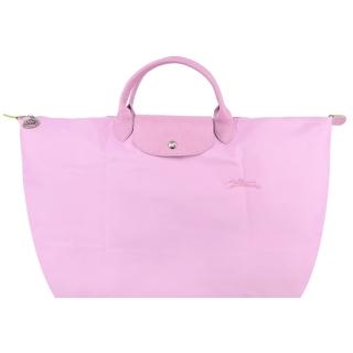 【LONGCHAMP】LE PLIAGE GREEN系列刺繡短把再生尼龍摺疊旅行袋(大/粉紅)