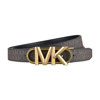 【Michael Kors】MK MICHAEL KORS EMPIRE金屬LOGO字母印花PVC拼接牛皮雙面釦式皮帶(寬版/咖啡x黑)