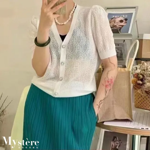 【my stere 我的時尚秘境】夏現貨-秘境珍藏款-唯美簍空金銀絲針織上衣(時尚優雅 精緻珍珠