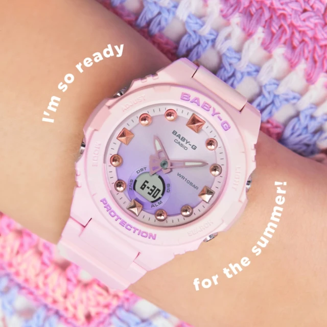 CASIO 卡西歐 BABY-G 夏季海灘 漸層錶盤 美人魚尾指針 粉紫色 42.4mm(BGA-320-4A)