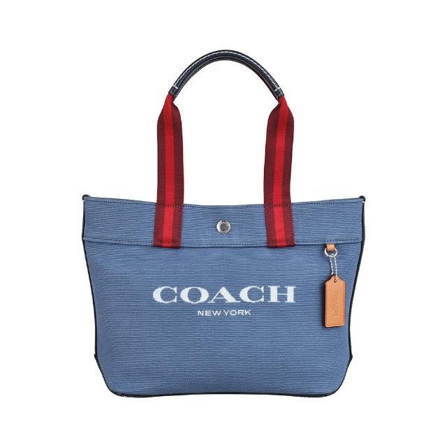 【COACH】COACH白字刺繡LOGO帆布釦式手提包(小/牛仔藍x多色)