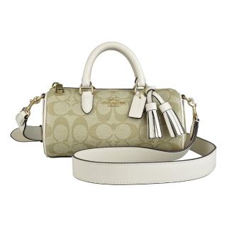 【COACH】COACH Lacey金字LOGO緹花PVC拼接牛皮拉鍊手提/斜背圓筒包(淺卡其x粉筆白)