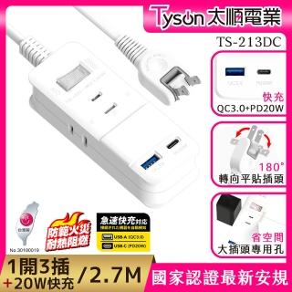 【Tyson 太順電業】PD快充20W延長線-2.7M(2孔1切3座+PD+QC3.0)