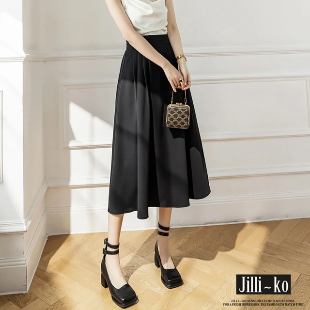 【JILLI-KO】法式復古半鬆緊中長款西裝長裙-M/L(黑)
