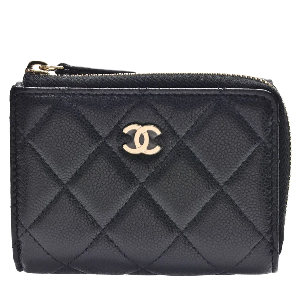 【CHANEL 香奈兒】經典金色雙C LOGO菱格粒紋牛皮暗扣三折短夾(黑色AP3177C-BLK-GP)