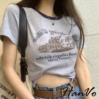 【HanVo】現貨 莊園印花棉質短版上衣(吸濕排汗 舒適透氣上衣 韓系女裝 女生衣著 A01-0076)
