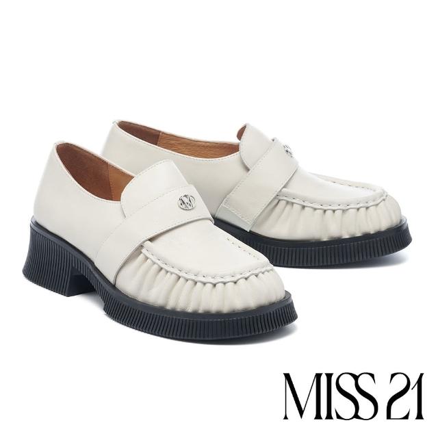 【MISS 21】未來質感抓皺LOGO全真皮大頭樂福厚底鞋(米白)