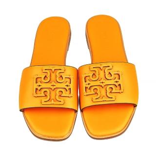 【TORY BURCH】TORY BURCH 雙T浮雕 LOGO牛皮平底拖鞋(橙黃)